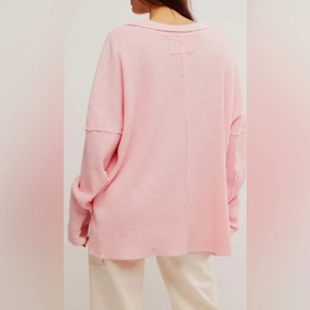 We the Free Thermal Oversized Collared Top Travis Waffle Polo Size Small Pink - Picture 2 of 7